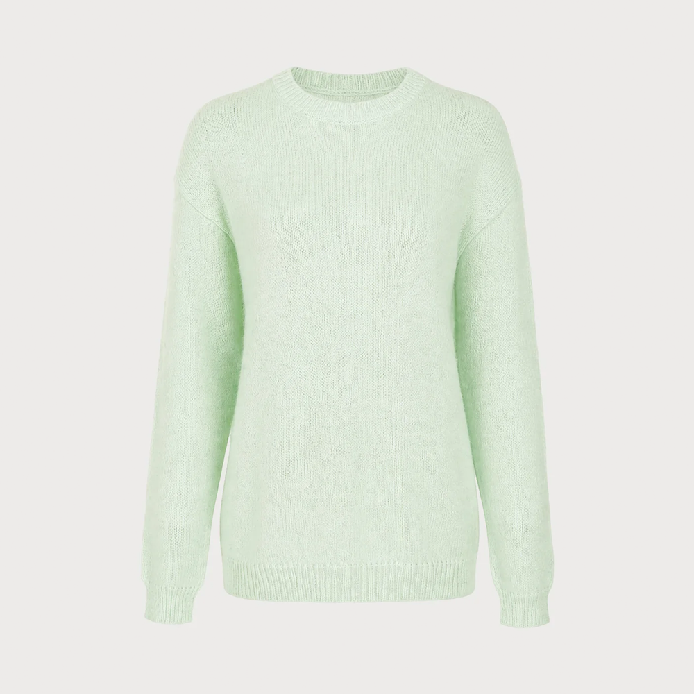 Green Round Neck Textured Loose Long Knit Sweater