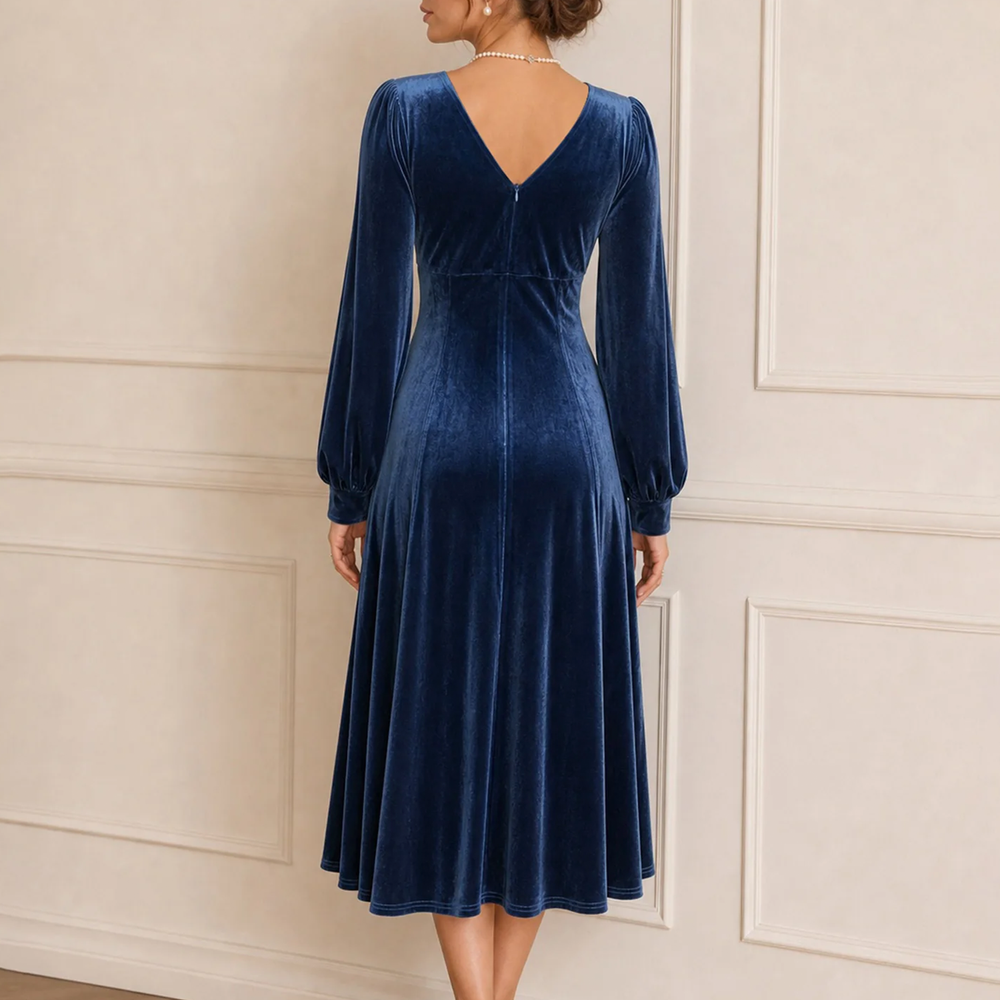 V Neck Lace Bishop Sleeve A-Line Midi Dress
